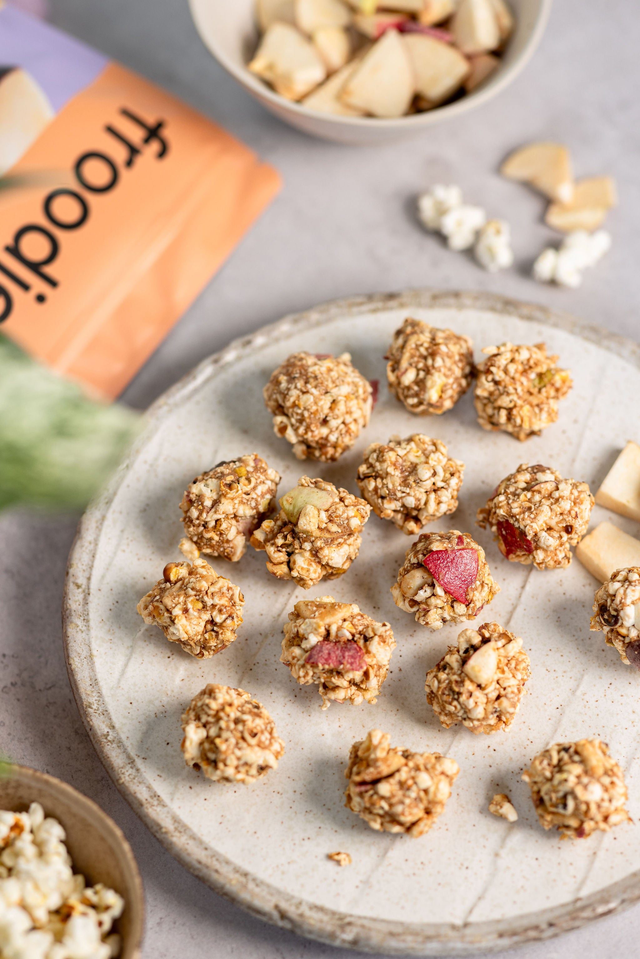 Apple Popcorn Balls recipe. Crunchy, fruity and healthy - the perfect snack to take on the go or enjoy guilt-free anytime!